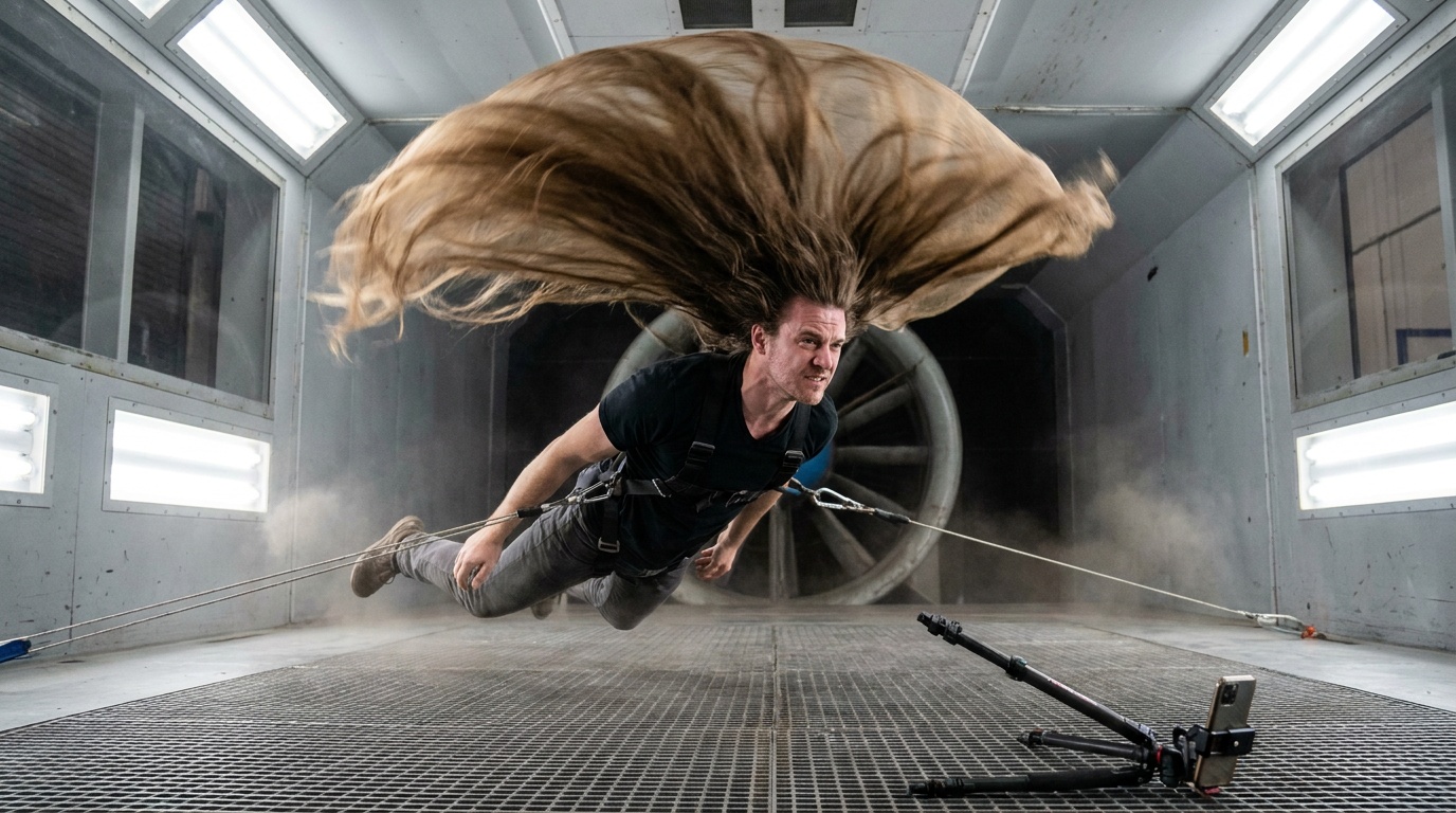 The final recovered frame from Phil's wind tunnel hair lift test shows the hair sail pulling upward inside the enclosure.