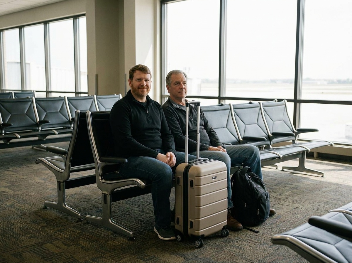 Sam sitting close to a stranger in an airport gate waiting area.