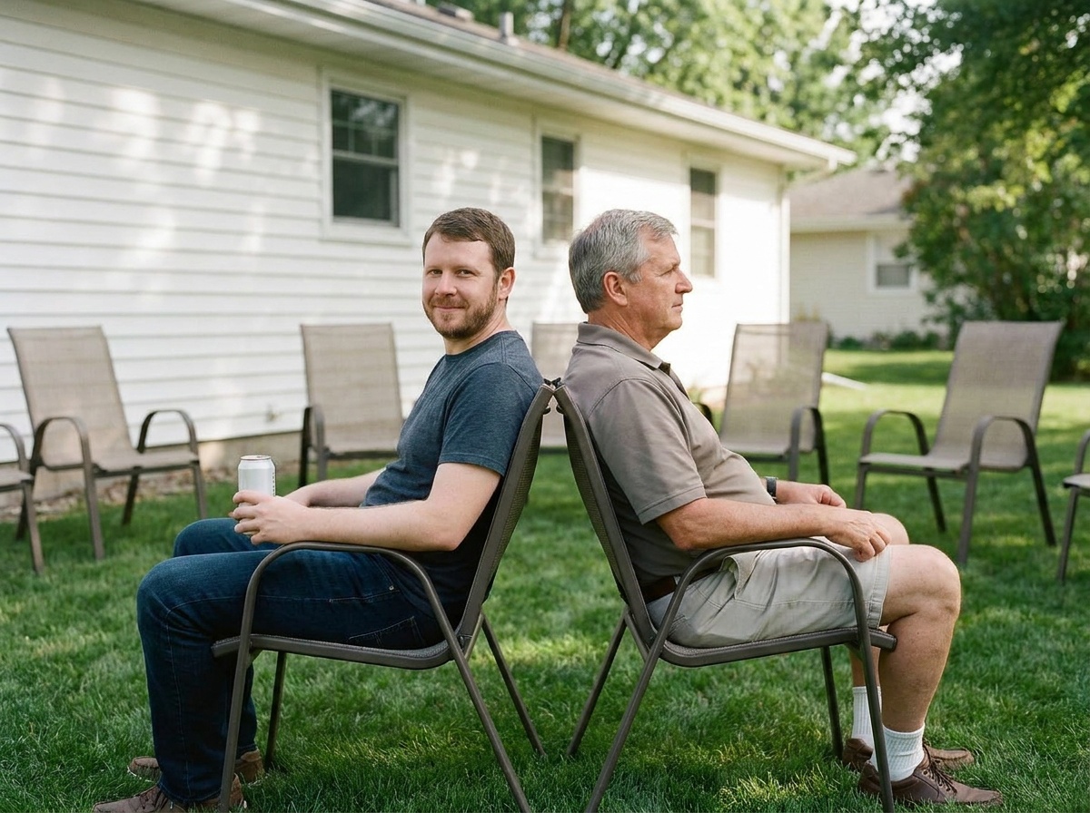 Sam sitting close to strangers in backyard folding chairs.