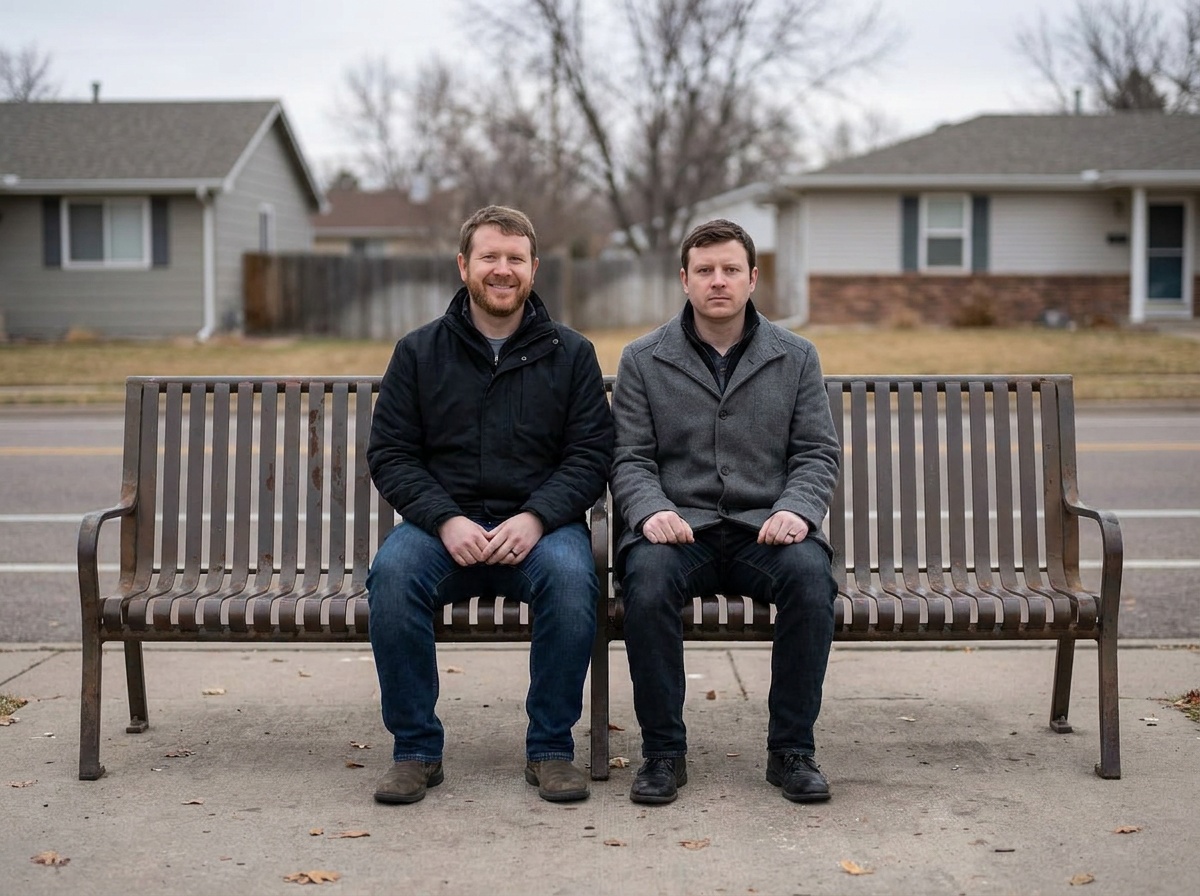 Sam smiling calmly while sitting too close to a stranger on a bus bench.