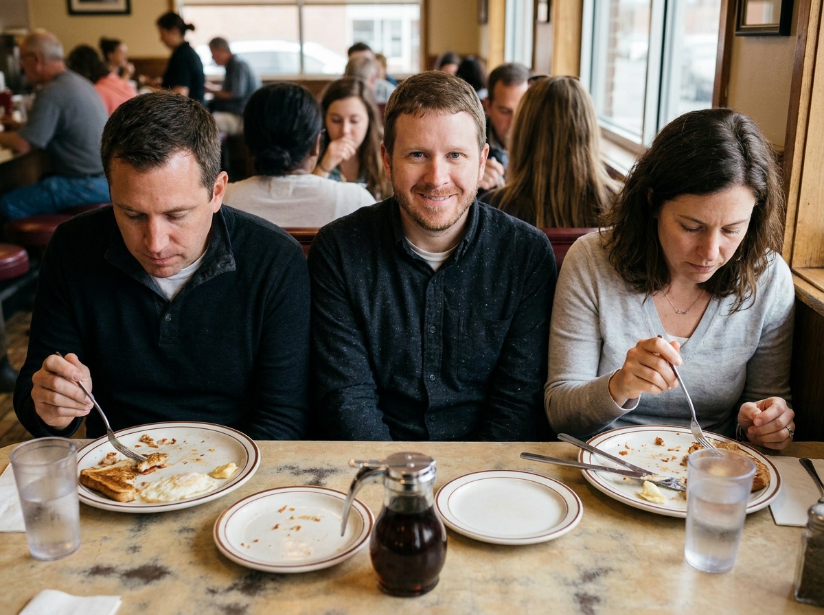 Sam smiling in a diner booth while seated too close to strangers.