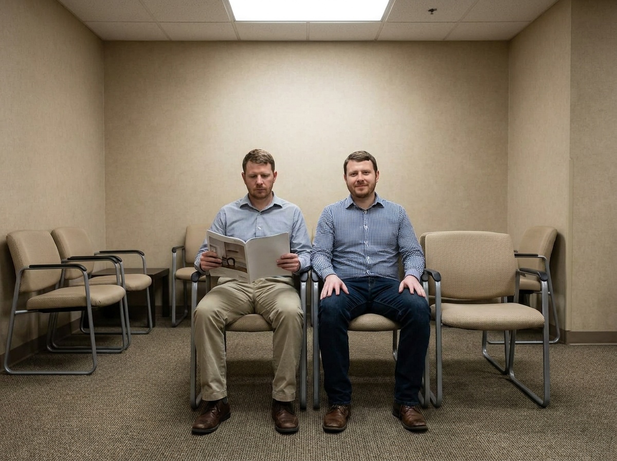Sam sitting too close to a stranger in an office lobby.